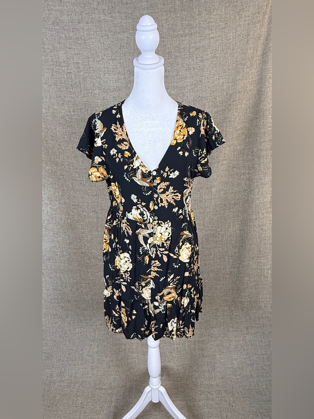 Black Floral Button V-Neck Mini Dress with Mustard & Cream Flower and Bird Print